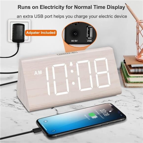 DreamSky Wooden Digital Alarm Clock for Bedroom - Living Room Desk Clock with - Picture 3 of 6